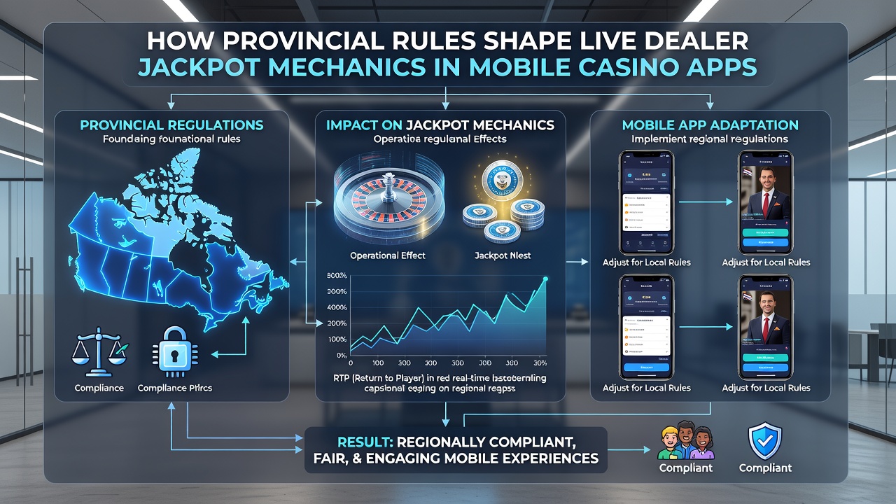 Mobile interface displaying live dealer jackpot meters under different provincial contribution rules